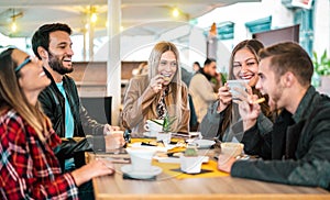 Friends group drinking cappuccino at coffee bar - People talking and having fun together at fancy cafeteria - Friendship concept