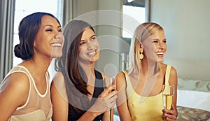 Friends, group and happy with drink in bedroom before night at club, event or party with attitude from alcohol. Wine