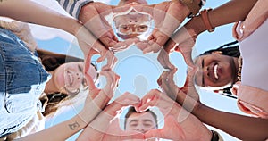 Friends group, heart hands and circle together with smile, face and love icon at university in summer. Men, women and