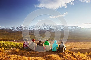 Friends group mountains travel concept