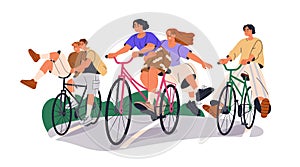 Friends group riding bicycles, laughing, having fun, cycling together. Happy joyous carefree young people on bikes photo