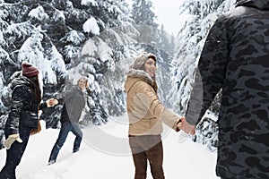 Friends Group Two Playful Couple Snow Forest Young People Outdoor