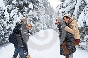 Friends Group Two Playful Couple Snow Forest Young People Outdoor