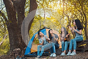 Friends Group of Young Asian women camping