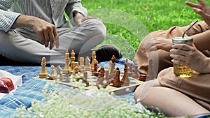 Friends had a picnic and started playing chess in nature in the summer