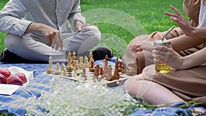 Friends had a picnic and started playing chess in nature in the summer