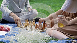 Friends had a picnic and started playing chess in nature in the summer