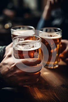 Friends hands drinking beer at brewery pub restaurant AI generated