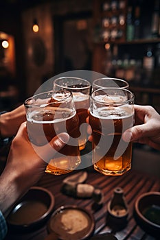 Friends hands drinking beer at brewery pub restaurant AI generated