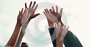 Friends, hands and people reaching on sky background in support of community, help or volunteering. Recycling, teamwork