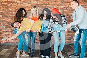 Friends hangout fun team cheerful millennials