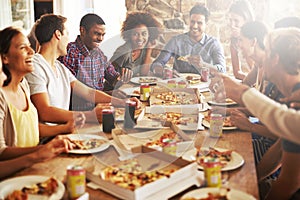 Friends, happy with pizza at restaurant, fast food and soda with group on lunch or dinner date, happiness and nutrition