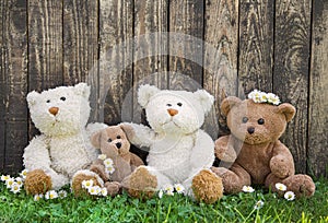 Friends or happy teddy bear family on wooden background for concepts.