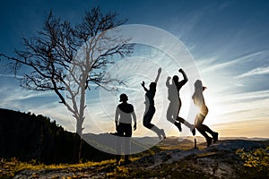 Friends have fun at sunset. Funny friends. A group of people in nature. Silhouettes of friends. Best friend. Friends traveling.