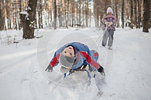 Friends have fun in wonderland, little girl pulls a sledge with brother across winter forest