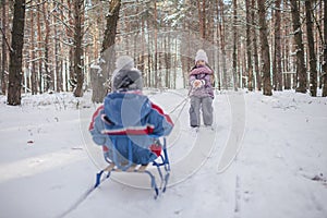 Friends have fun in wonderland, little girl pulls a sledge with brother across winter forest