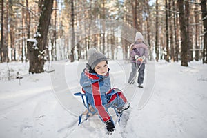 Friends have fun in wonderland, little girl pulls a sledge with brother across winter forest