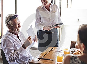 Friends having breakfast at a hotel