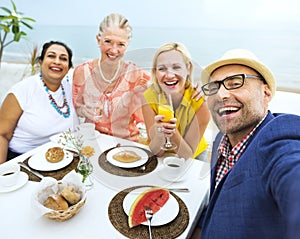 Friends having breakfast at a hotel