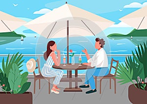 Friends having breakfast in seaside resort cafe flat color vector illustration