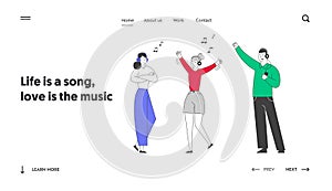 Friends Having Fun Leisure Website Landing Page. Young Girls and Man Wearing Headset Listening Music. Fans Dancing