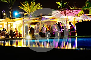 Pool Terrace at Night, Friends Having Fun, Party Outdoors, Nightclub and Bar