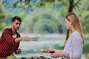 friends having picnic french dinner party outdoor during summer holiday