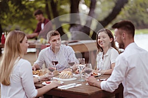 friends having picnic french dinner party outdoor during summer holiday