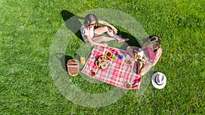 Friends having picnic in park, young girls with dog relaxing on grass and eating healthy food outdoors, aerial view