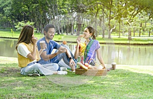 friends having picnic together in the park