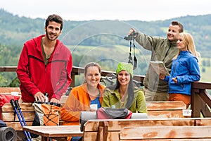 Friends hikers relax rest place mountain view