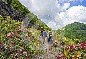 Friends hiking in Appalachian mountains.