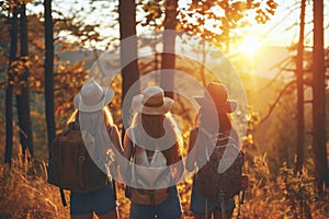 Friends on hiking route traveling together fun activity mountains nature sports healthy lifestyle summer travel carrying