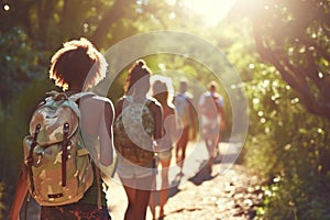 Friends on hiking route traveling together fun activity mountains nature sports healthy lifestyle summer travel carrying