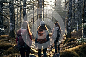 Friends on hiking route traveling together fun activity mountains nature sports healthy lifestyle summer travel carrying