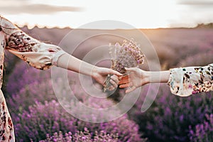 Friends holding bunch of lavender