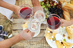 Friends holding glasses of wine over picnic table at vineyard