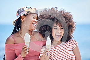 Friends, ice cream and happy at beach in summer for vacation, relax or holiday. Black woman, smile and cone for dessert