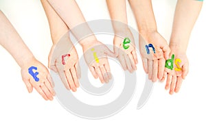 Friends kids hands palms in colorful paint sign