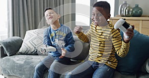 Friends, kids and play video game, winner in home living room and competition together. Tv technology, celebration and