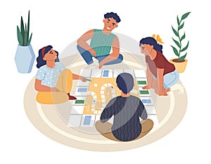 Friends, kids, teens playing board game sitting on the floor, flat vector illustration. Home leisure activities.