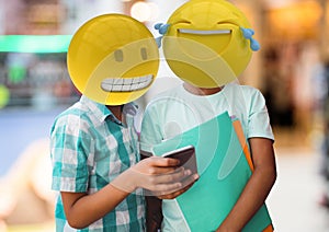 Friends laughing with a message. Emoji face.