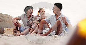 Friends, laughing and talking on beach with beer for bonding, gossip story or relax with picnic on sand. Men, woman or