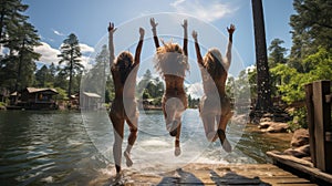 Friends leaping off a wooden dock into a sparkling lake . AI Generated