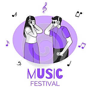 Friends listening to music, couple in circular frame vector illustration. Music festival, party, discotheque. Music