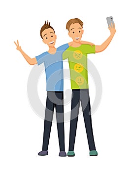 Friends make a group selfie. Photo on the camera of the smartphone. Joyful friends wave their hands. Isolated vector