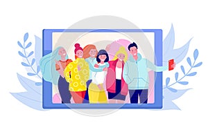Friends making photo, selfie foto shot of group of young happy people vector illustration. Girls and boys posing taking