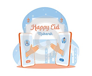 Friends making video calls on mobile phones. Forgive each other and celebrate Eid al Fitr together.