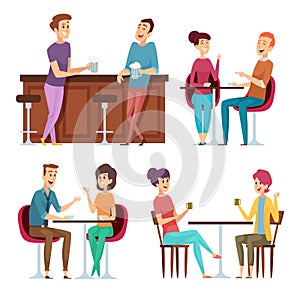 Friends meeting. Happy group people relaxing in cafe restaurant bar meeting sitting and smiling friends vector