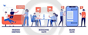 Friends meeting, romantic and blind date concept with tiny people. Hangouts vector illustration set. Leisure time, soul mate,